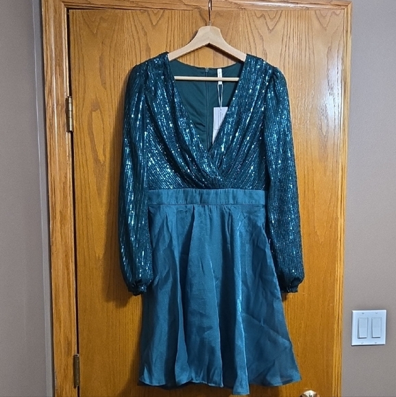 Teal Sequin Long Sleeve Dress - Picture 1 of 4